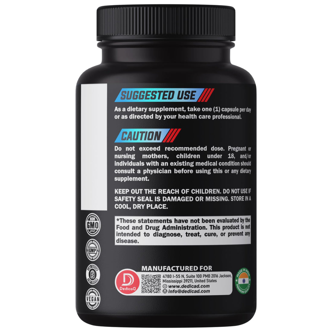 Black supplement bottle labeled 'Soursop Graviola' with colorful text on a white background