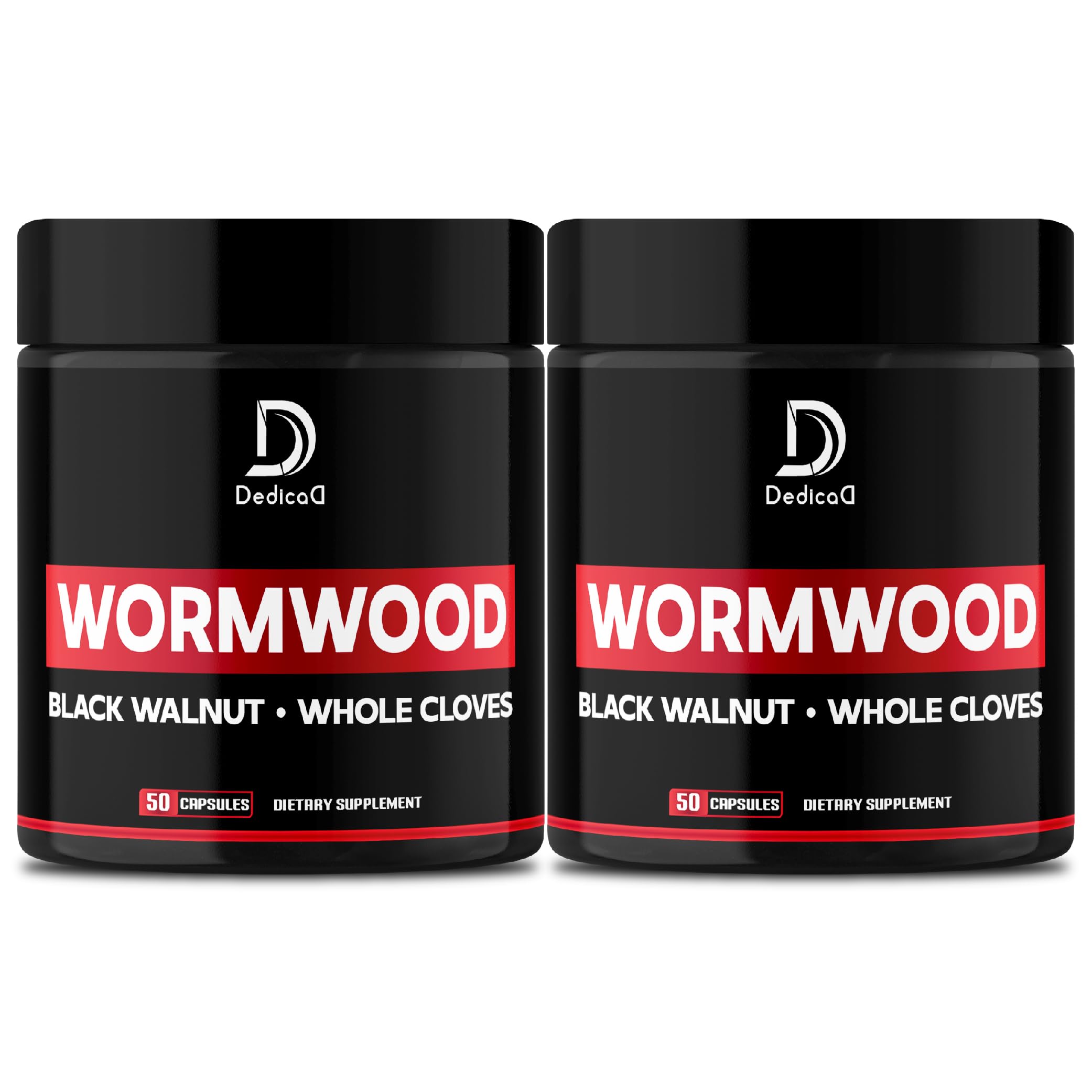 Two black jars of 'Wormwood' dietary supplement with red labels on a white background.