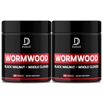 Two black jars of 'Wormwood' dietary supplement with red labels on a white background.