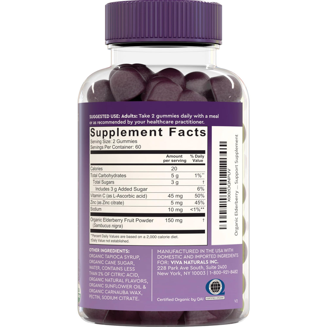 Viva Naturals Sambucus Elderberry Gummies for Adults - 150mg Black Elderberry Vitamin C and Zinc, 3-in-1 Daily Immune Support Gummies, Raspberry Rush Flavor