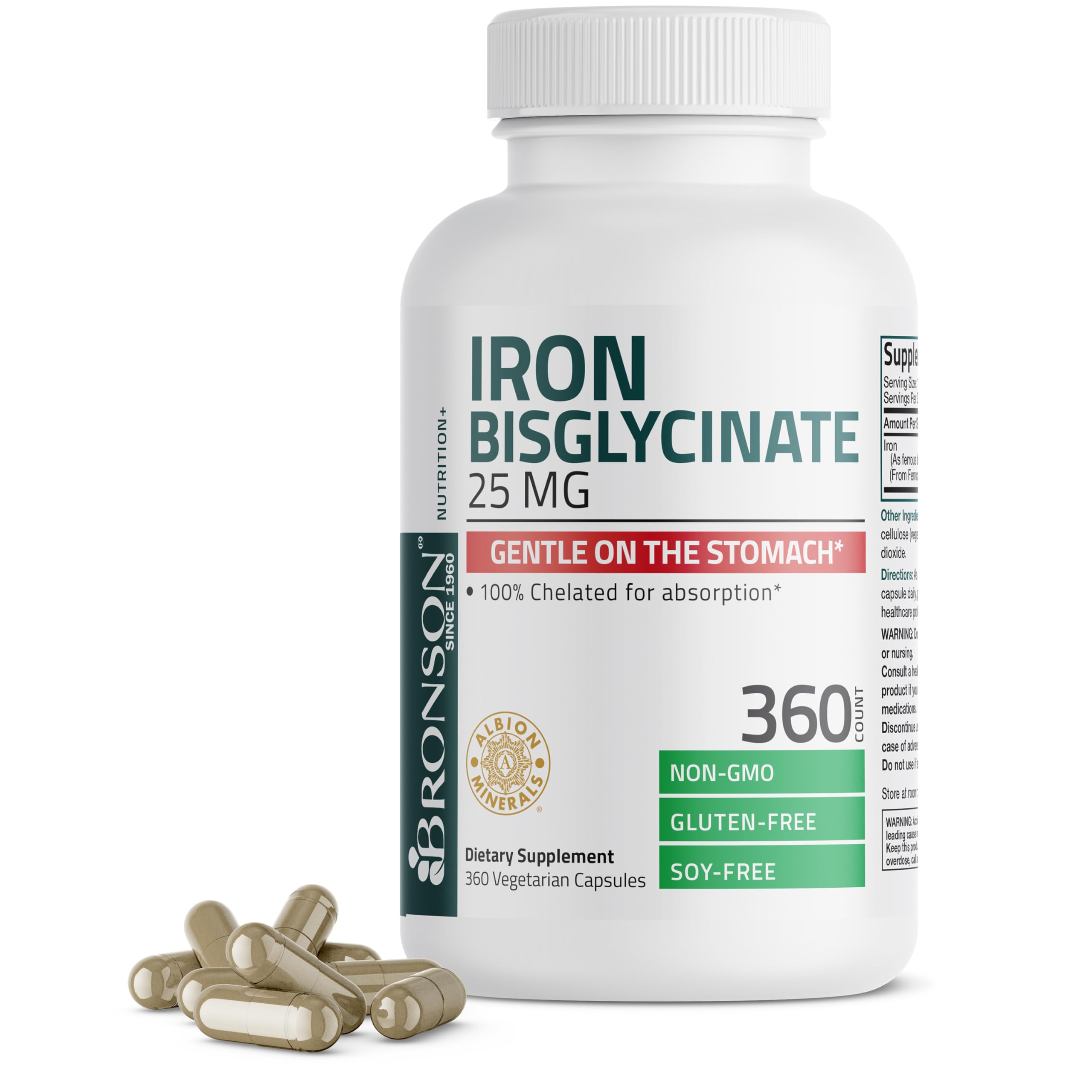 Bronson Iron Bisglycinate 25 mg Gentle on The Stomach, Supports Energy & Healthy Red Blood Cell Production - Non-Constipating Formula - Non GMO, 90 Vegetarian Capsules
