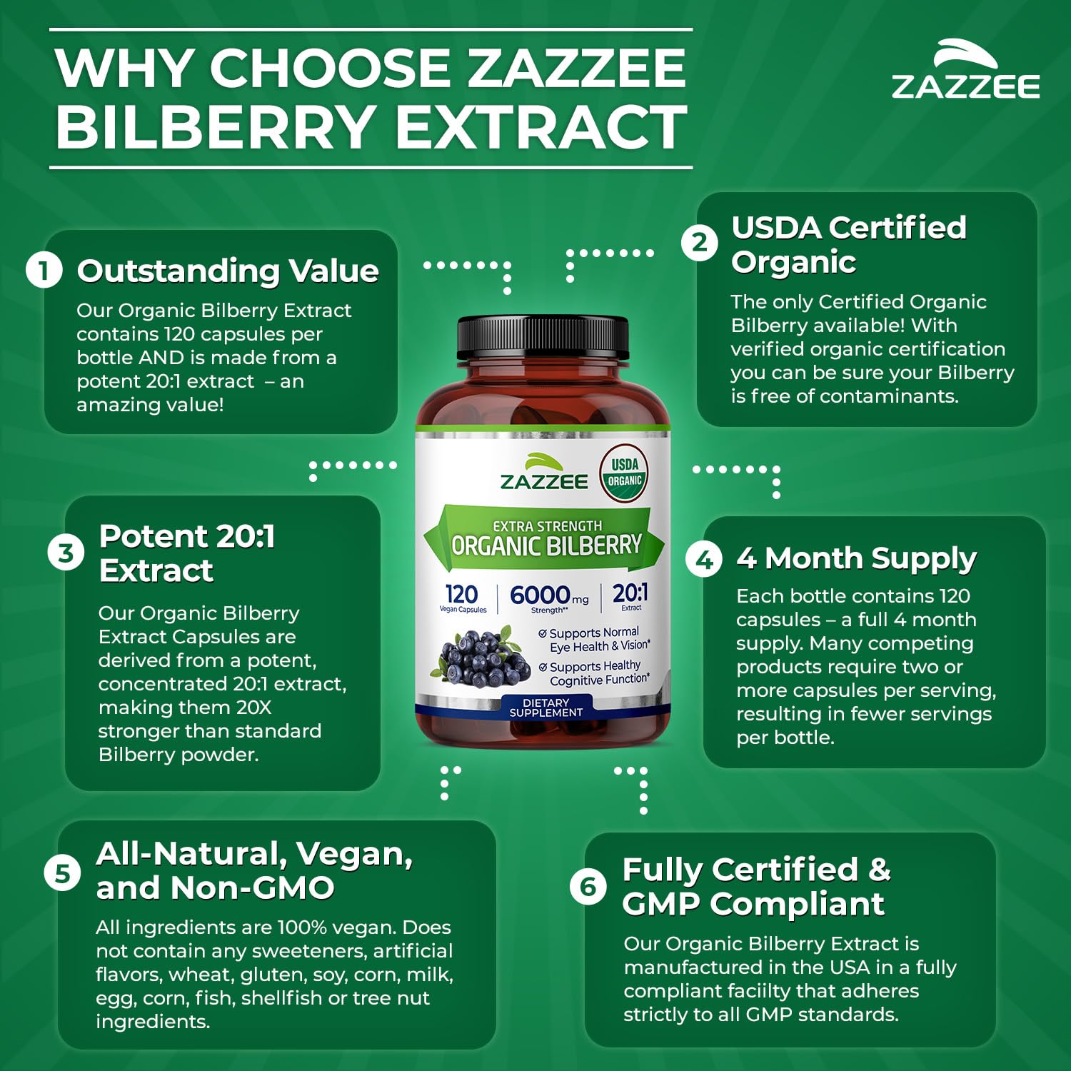 Zazzee USDA Organic Bilberry 20:1 Extract, 120 Vegan Capsules, 4 Month Supply, Vaccinium Myrtillus, Eye Health, Vision & Antioxidant Support, All-Natural, Non-GMO, Made in the USA
