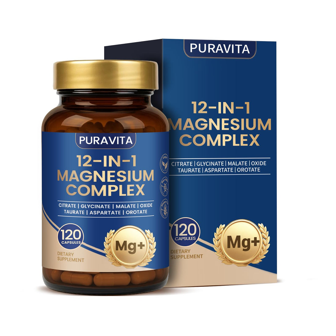 Puravita 12-in-1 Magnesium Complex bottle and packaging on a white background