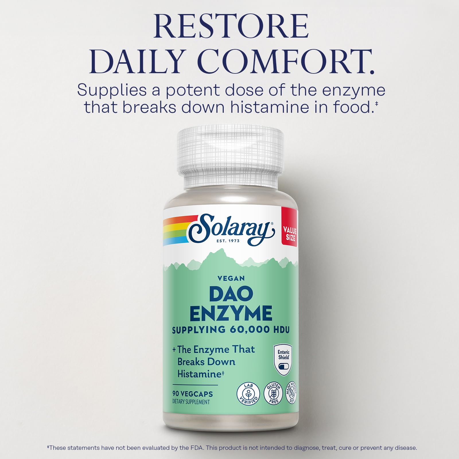 SOLARAY DAO Enzyme - Digestive Enzyme that Breaks Down Histamine - 60,000 HDU - Digestive Enzymes - Vegan, Gluten Free, Lab Verified - 30 Servings, 30 VegCaps