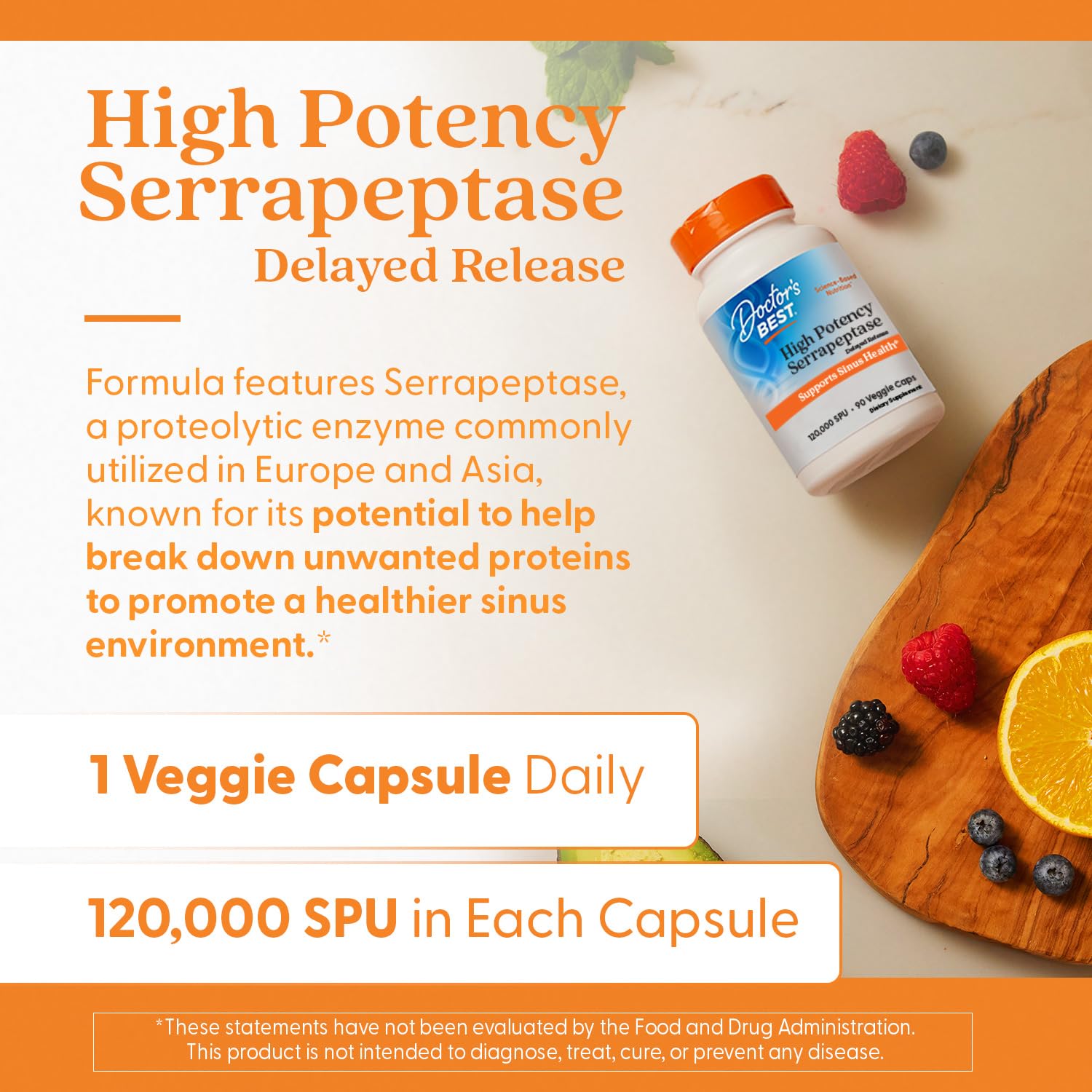 Doctor's Best Serrapeptase Supplement for Men & Women - Proteolytic Enzyme for Sinus & Immune Health Support, 120,000 SPU per Veggie Capsule, High Potency Formula, Non-GMO, Vegan - 90 Veg Caps
