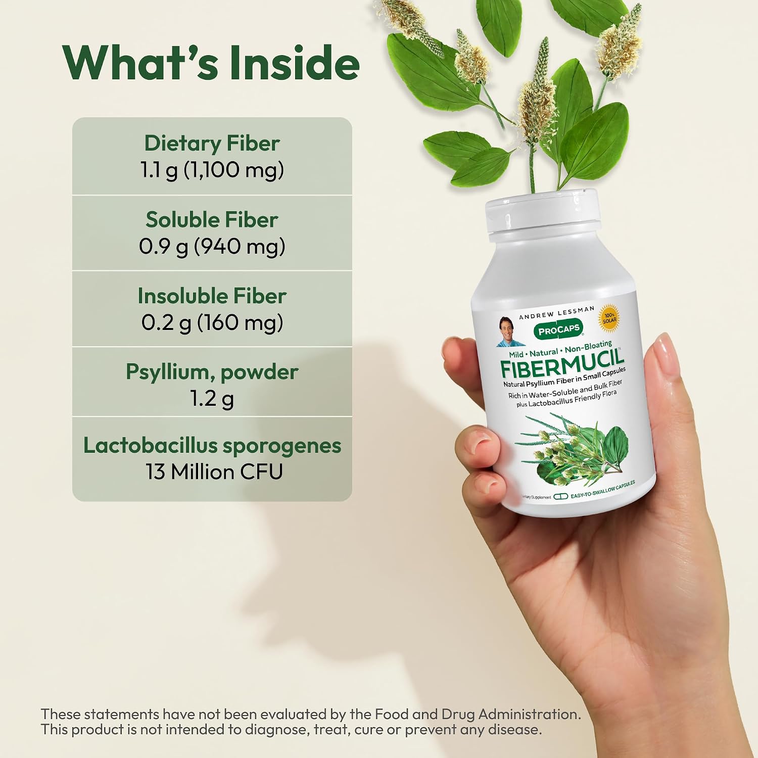 Andrew Lessman ProCaps Fibermucil Psyllium Husk Fiber 180 Capsules | Psyllium Husk Powder with Soluble & Insoluble Fiber plus Lactobacillus Sporogenes. No additives. Easy-to-swallow capsules.