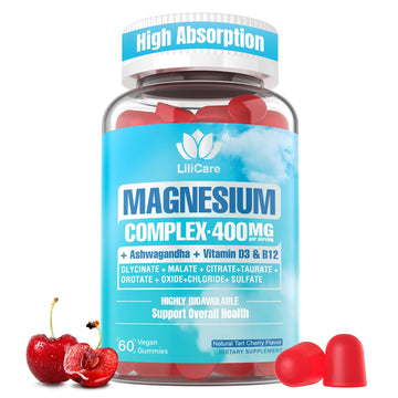 Bottle of LiliCare Magnesium Complex gummies with cherries on a white background