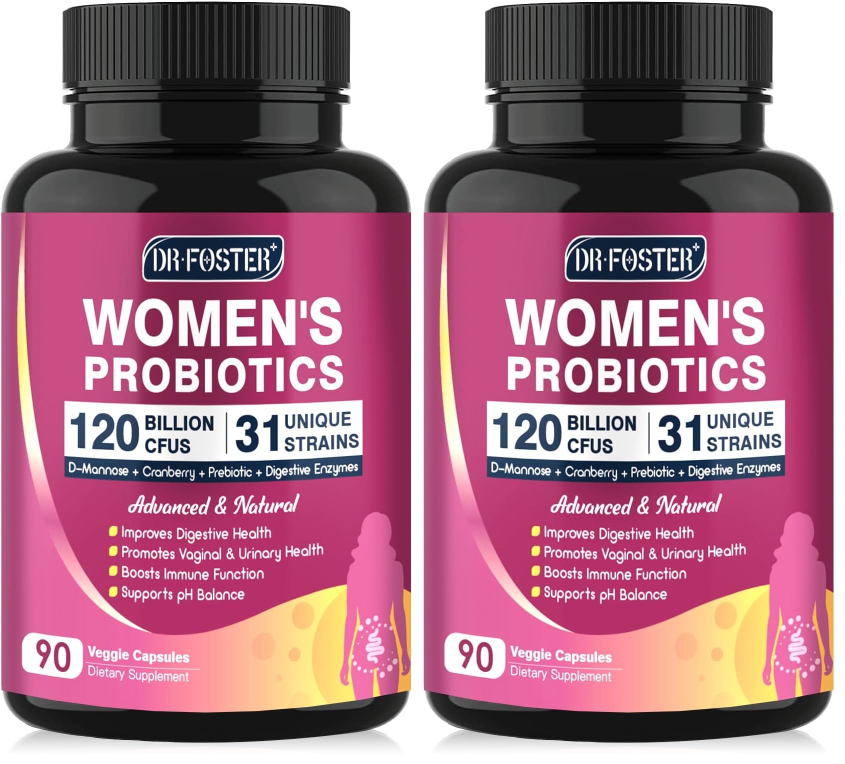 DRFOSTER Probiotic for Women 120B Urinary & Digestive Health, 90 Capsules | 31 Strains, Prebiotics, Enzymes, D-Mannose & Cranberry, Vaginal, Urinary & Digestive Support, Non-GMO, Gluten-Free