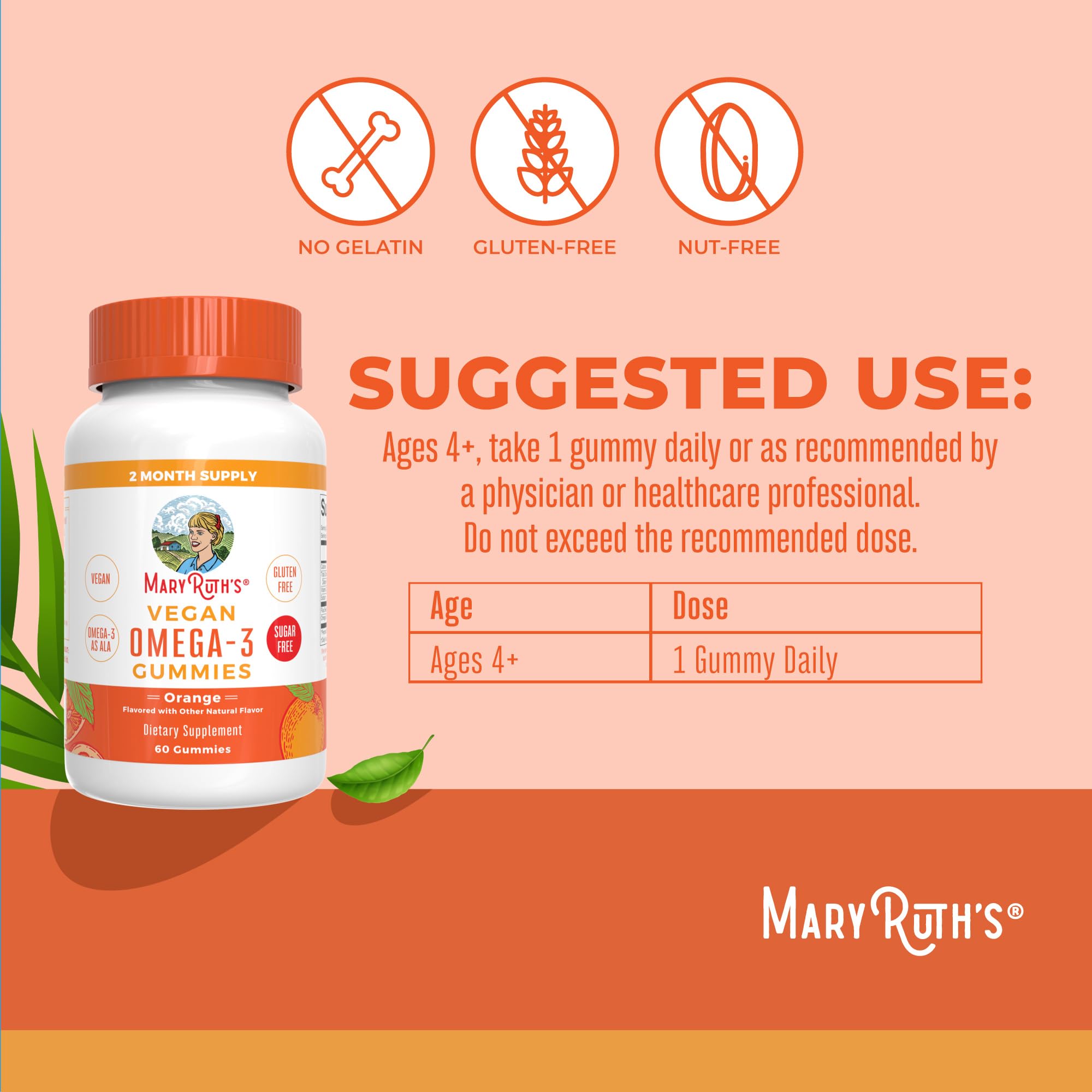 MARYRUTH'S Vegan Omega 3 Gummies for Kids 4 2 Month Supply | Sugar Free | Omega 3 Supplement with Vitamin C | Flaxseed Oil | Immune Support | Essential Nutrient ALA | No Fish Taste | 60 Count
