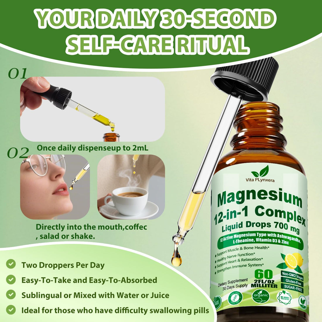 Vita Plynxera Magnesium 12-in-1 Complex Liquid Drops bottle with lemons on a white background