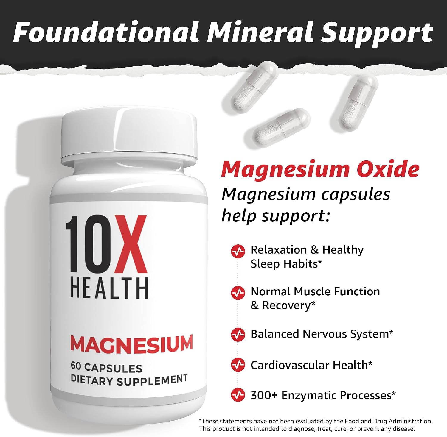 10X Health Magnesium Oxide Supplement, Sleep & Muscle Support, 60 Capsules | Magnesium for sleep support, relaxation support, muscle function, recovery support, and balanced nervous system*