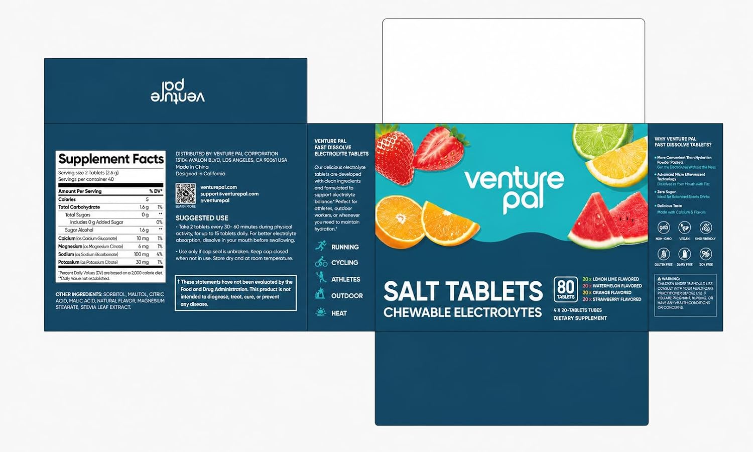 Venture Pal Chewable Electrolyte Tablets, 80 Count, Fast-Dissolve, Variety | Sugar Free Stick Salt Tablets, Gluten Free, Variety Pack for Rapid Hydration, Hiking, Outdoor Running, Keto & Vegan Friendly