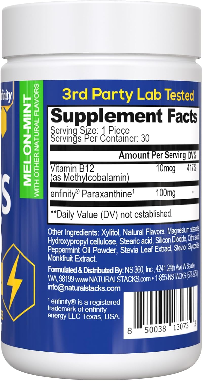 Paraxanthine Focus Bites 100mg, Caffeine Free Energy, 30 Melon Mint Chews | Enfinity paraxanthine supports attention and productivity with a smooth, jitter free lift. Great for afternoons.
