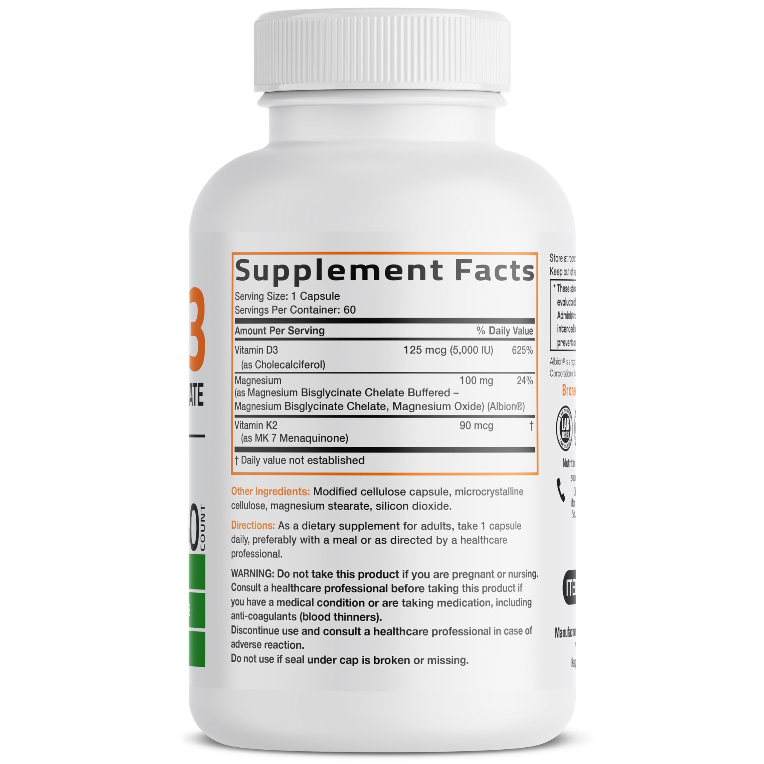 Bronson Vitamin K2+D3 Magnesium Glycinate Supplement, 60 Capsules | 3-in-1 Bone & Heart Health Support Formula, Non-GMO, Gluten Free, Soy Free