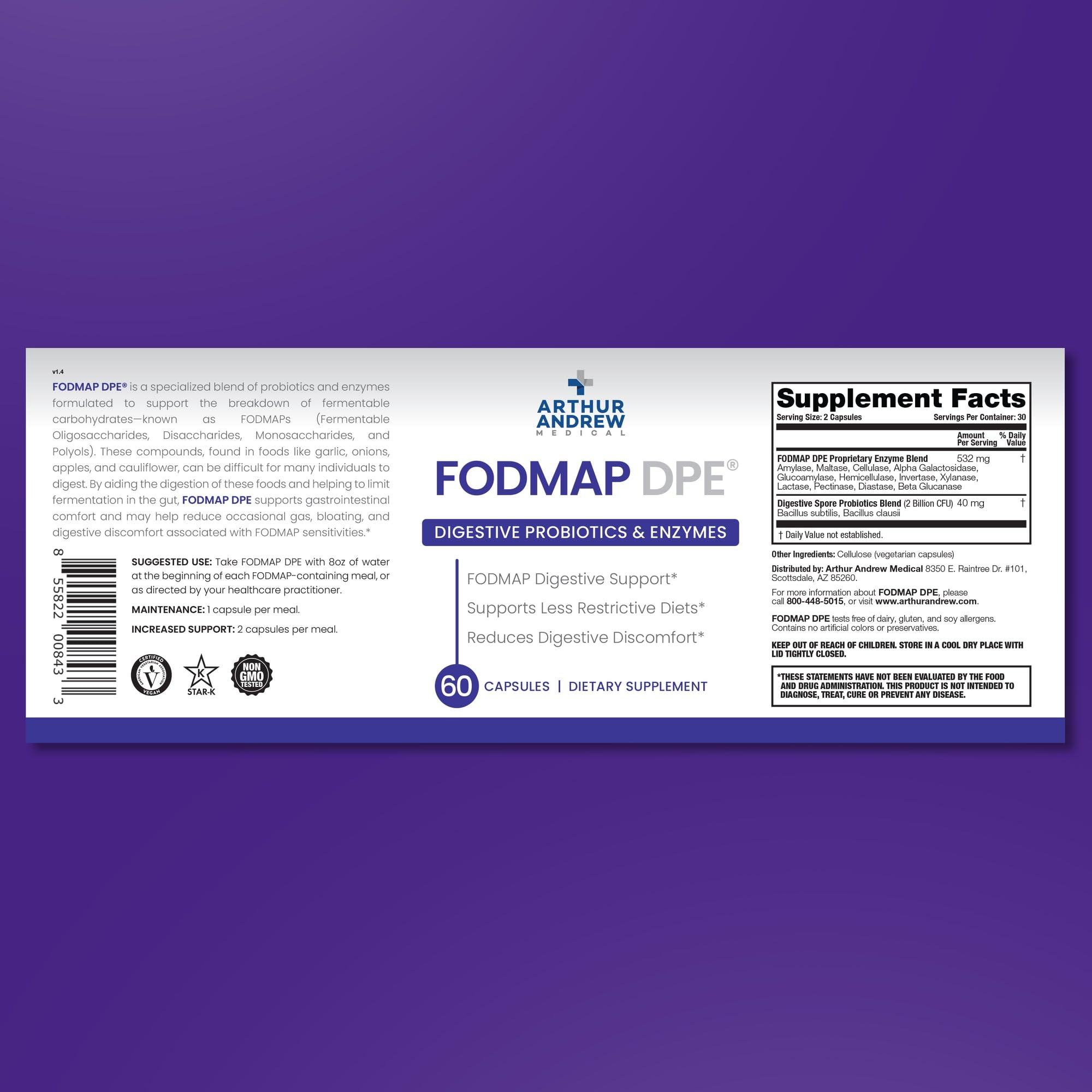 Arthur Andrew Medical, FODMAP DPE, Digestive Enzymes, 60 Capsules | Digestive Enzymes, & Probiotics For FODMAP Intolerance & The Digestion Of Fermentable Foods. Vegan, Non-GMO