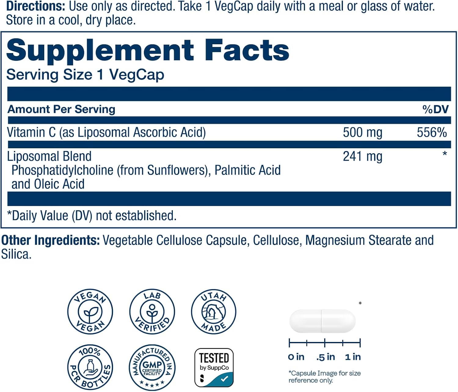 SOLARAY Liposomal Vitamin C 500mg - Enhanced Absorption Vitamin C Liposomal Blend with Fatty Acids - Antioxidant and Immune Support Supplement - Vegan, 60-Day Guarantee, 100 Servings, 100 VegCaps