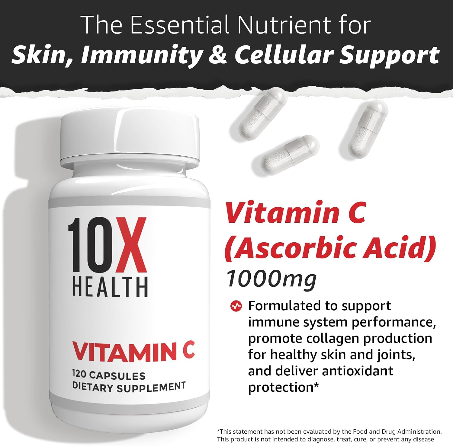 10X Health Vitamin C 1000mg - 120 Capsules | Ascorbic Acid: 1000mg Vitamin C, Immunity & Collagen Support, Non-GMO, 120ct