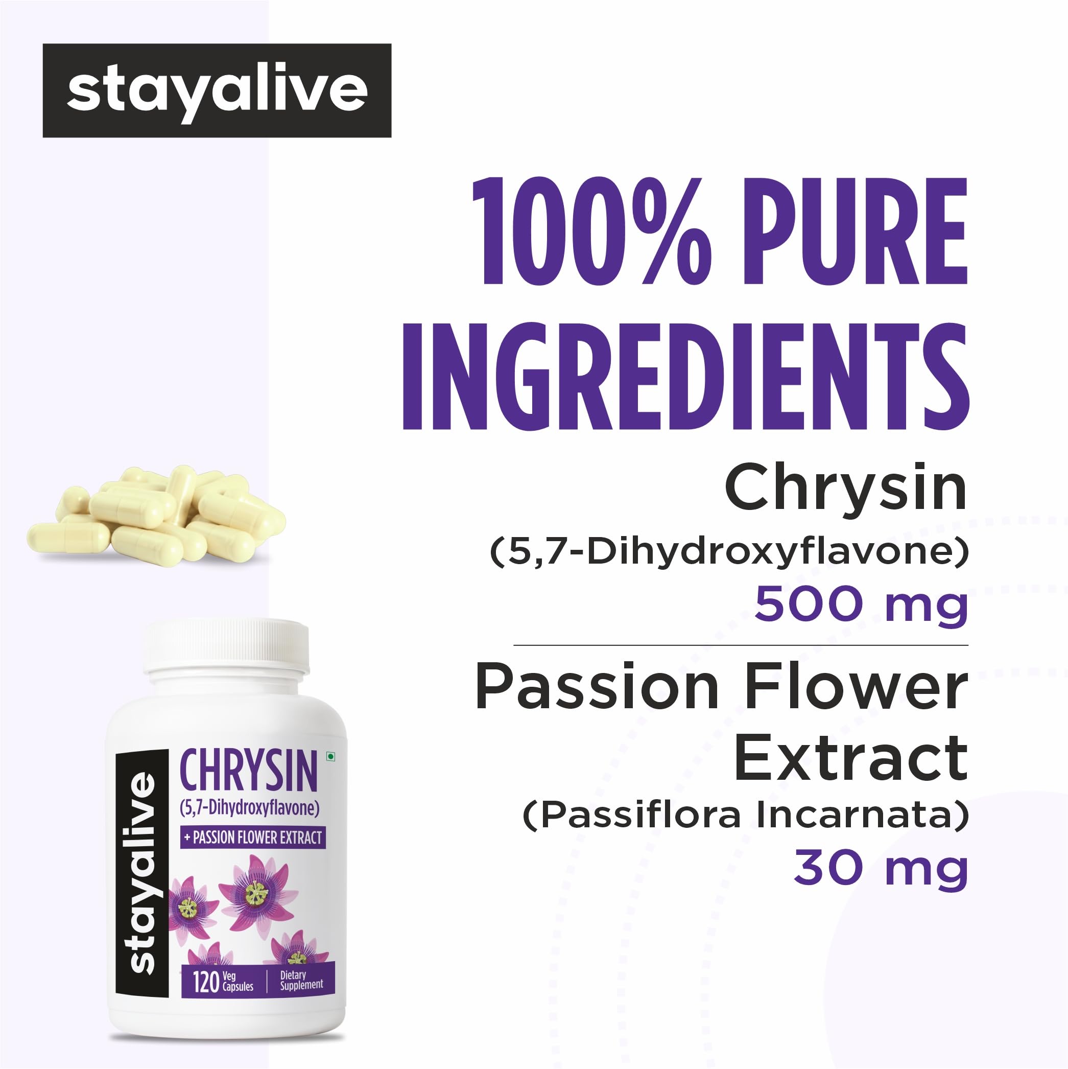 STAY ALIVE Chrysin Supplement 500mg & Passion Flower Extract Powder, 5,7-Dihydroxyflavone, Non-GMO and Gluten-Free Chrysin for Men and Women, 120 Capsules STAY ALIVEBuy Supplements Australia