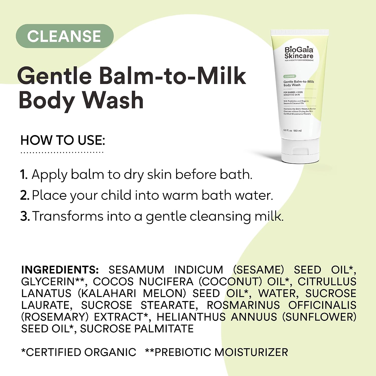 BioGaia Gentle Balm-to-Milk Body Wash | Scandinavian Baby & Kids Skincare | Oil-Based Cleanser | Fragrance & Essential Oil-Free | Supports a Healthy Skin Microbiome | Cold-Pressed, Organic Oils