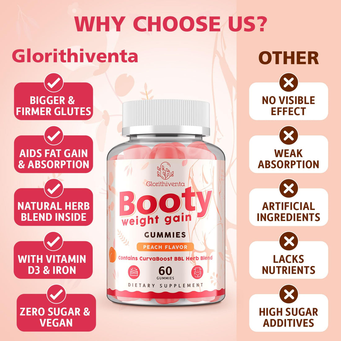 Two bottles of Glorithiventa gummy supplements on a white background