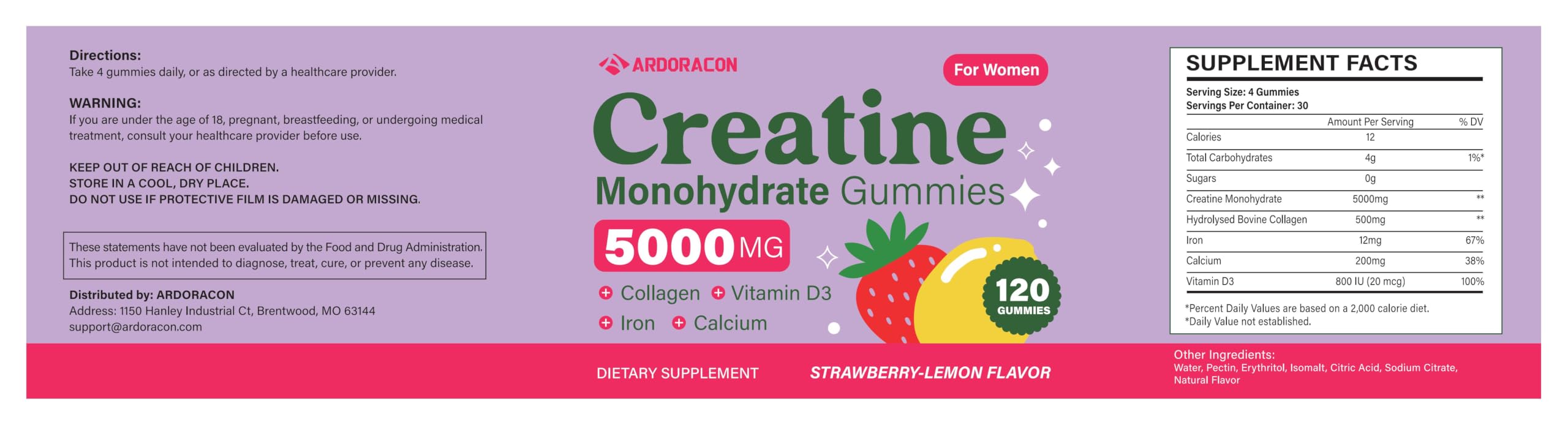 Creatine for Women, Creatine Monohydrate Gummies with Collagen, Vitamin D3 & Calcium for Muscle Support & Energy, Flavored Sugar Free Creatine Gummies Post & Pre Workout Supplements for Women, 120 Ct