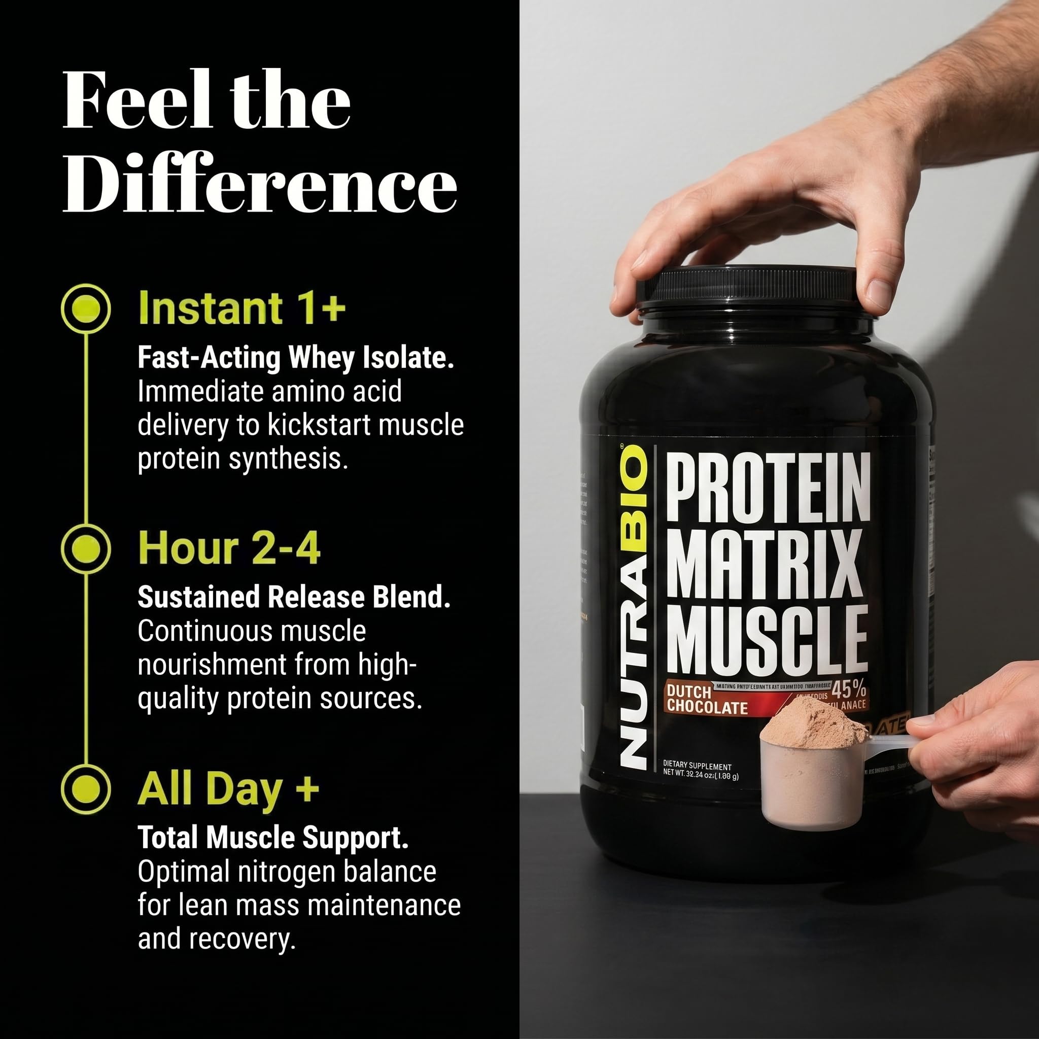 NutraBio Muscle Matrix Protein Powder - 25g of Protein Per Scoop - Whey Isolate and Micellar Casein Combo for Fast and Slow Release - Dutch Chocolate - 2 Pounds, 28 Servings