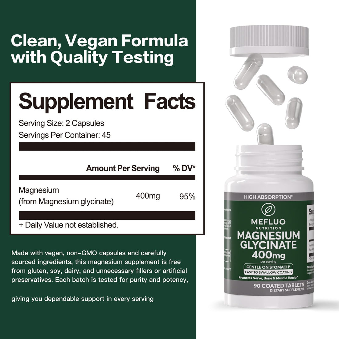 Magnesium Glycinate 400mg – High Absorption Magnesium Supplement for Muscle, Nerve & Sleep Support – Gentle on Stomach, Non-GMO, Vegan Capsules, 90 Count MefluoBuy Supplements Australia
