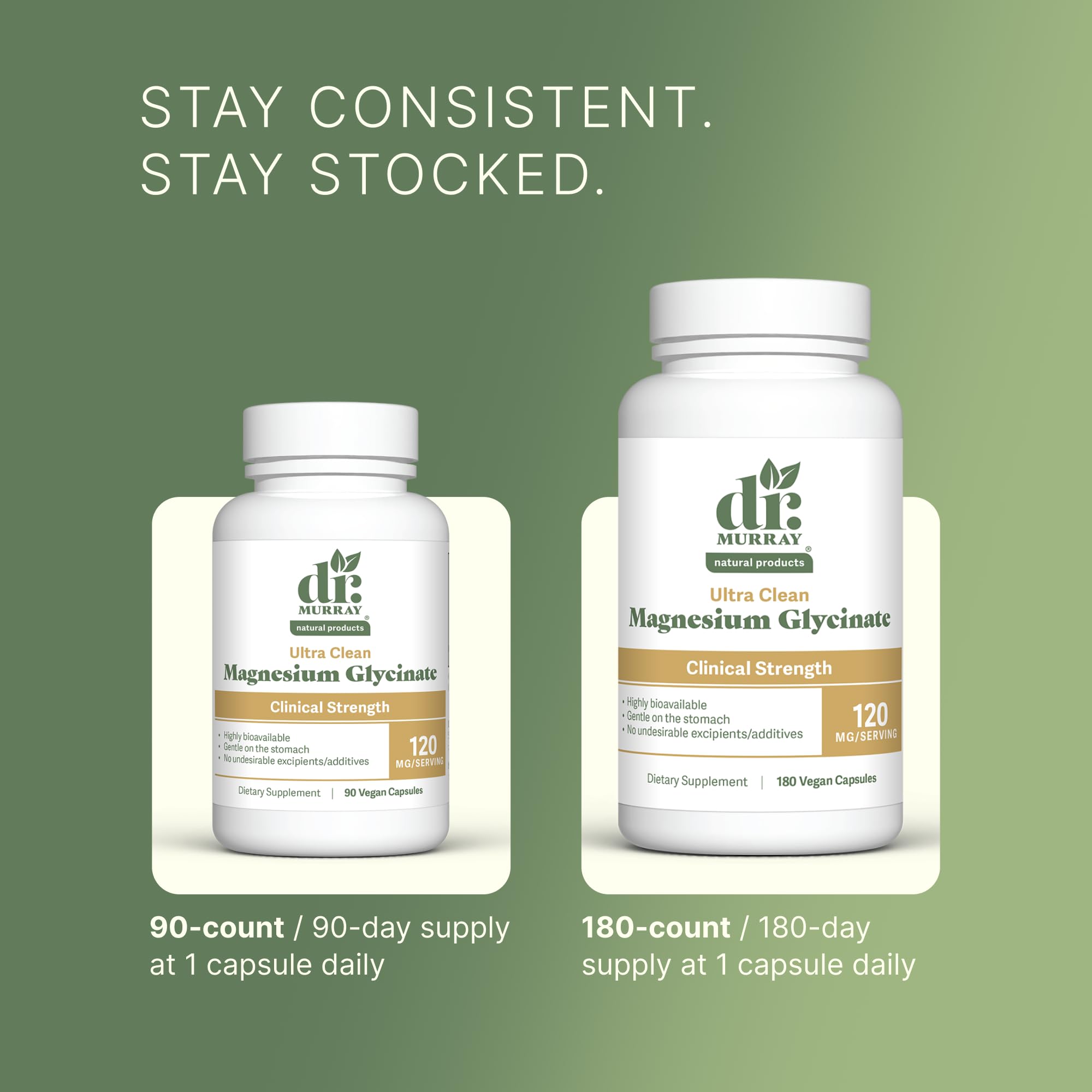 Dr. Murray's Ultra Clean Magnesium Glycinate | Supports Sleep, Relaxation, Heart & Muscle Function | Vegan | 120 mg | No Magnesium Stearate or Artificial Additives | 90 Capsules