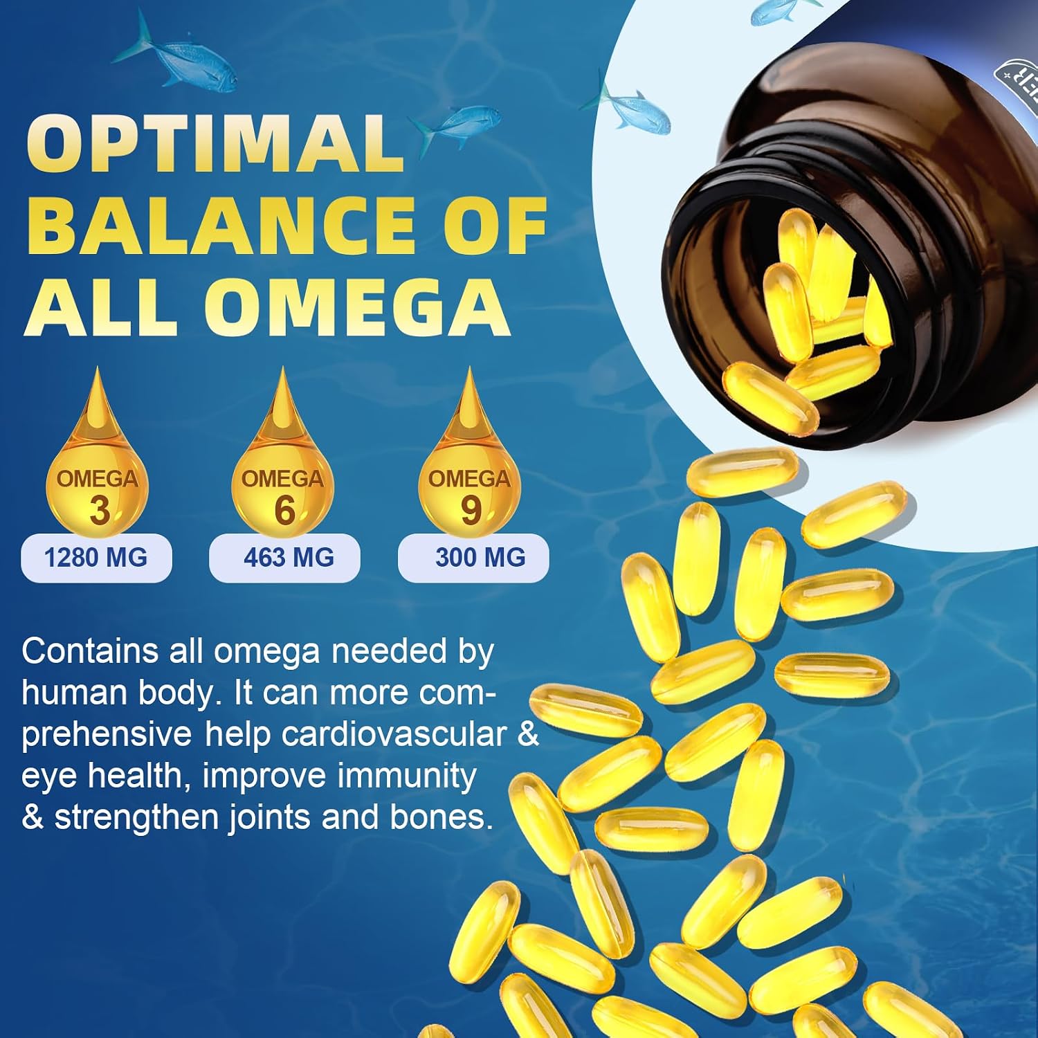 Triple Omega 3-6-9 Fish Oil 2000mg with Vitamin E - EPA & DHA Fatty Acids Supplement - Supports Heart, Brain, Eye, Joint, Skin & Immune Health - Includes Flaxseed & Borage, Non-GMO, 120 Softgels