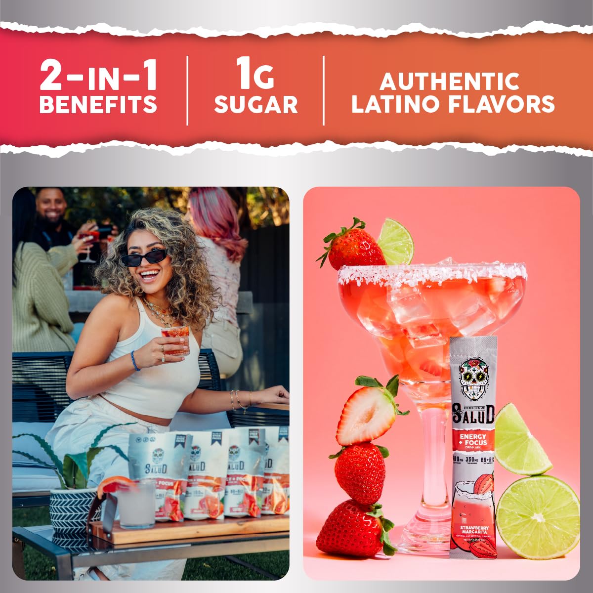 Salud 2-Pack | 2-in-1 Energy + Focus (Strawberry Margarita) & Energy + Focus (Hibiscus) – 15 Servings Each, Agua Fresca Drink Mix, Non-GMO, Gluten Free, Vegan, Low Calorie, 1g of Sugar