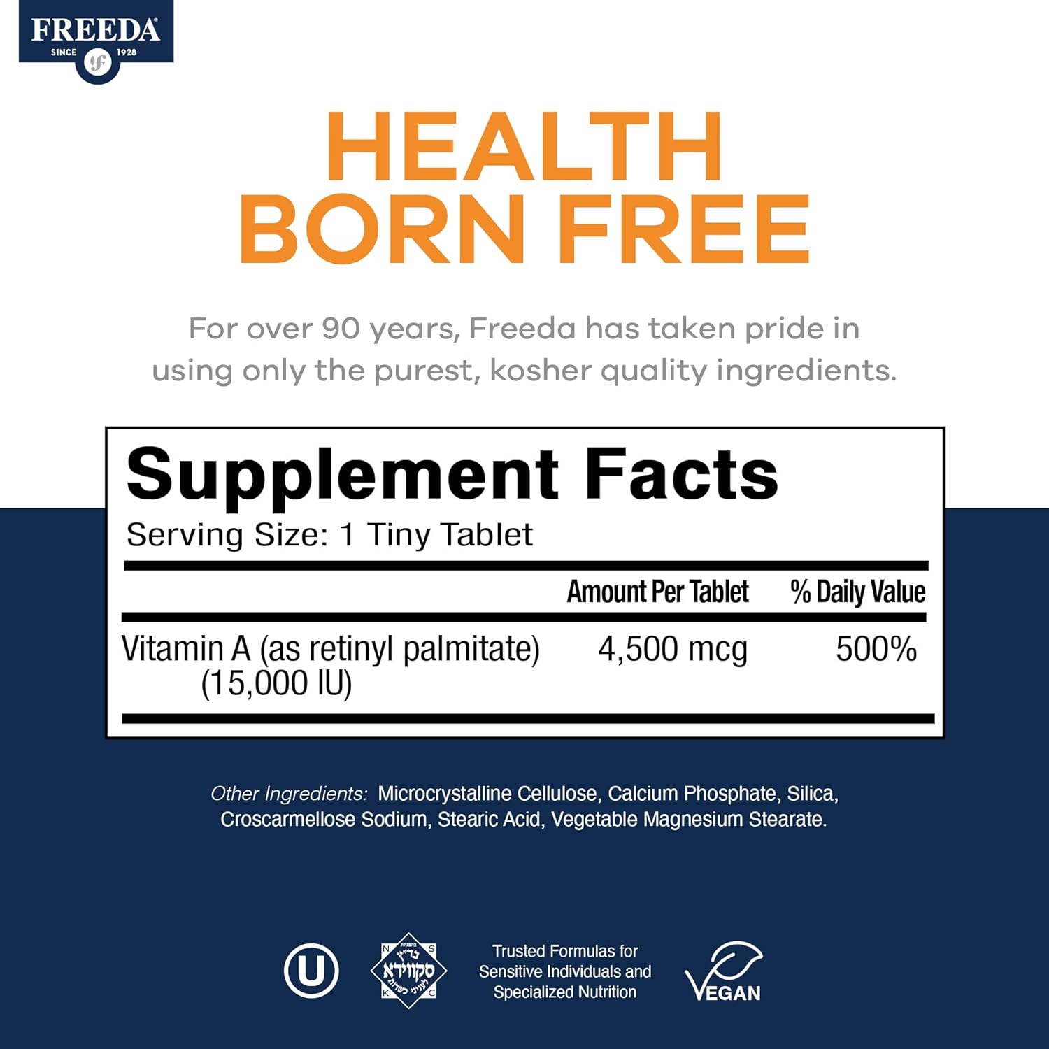 FREEDA Vitamin A 15,000 IU – Retinyl Palmitate – Vegan, Kosher, No Fish – Eye, Vision, Immune & Skin Support – Tiny Easy-to-Swallow Tablets – VIT A Vitamina A Supplement – 250 Tablets | Supports Healthy Vision, Skin, and Immune Function – Highly Absorbabl
