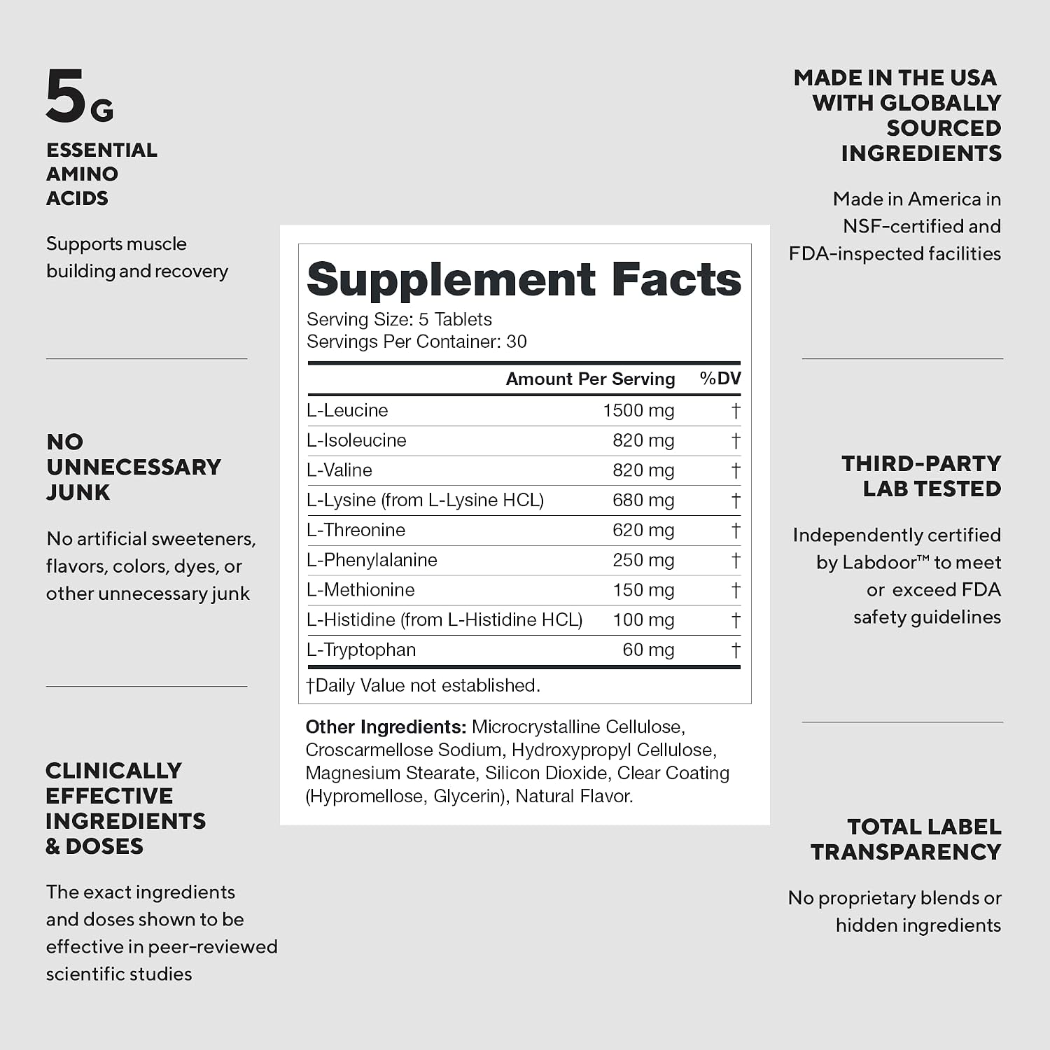 LEGION EAA Essential Amino Acid Tablets - 5000mg, 30 Servings | Lab-Verified 5,000mg EAAs with 1,500mg Leucine to Support Muscle Growth & Recovery. Clean Label with Zero Proprietary Blends