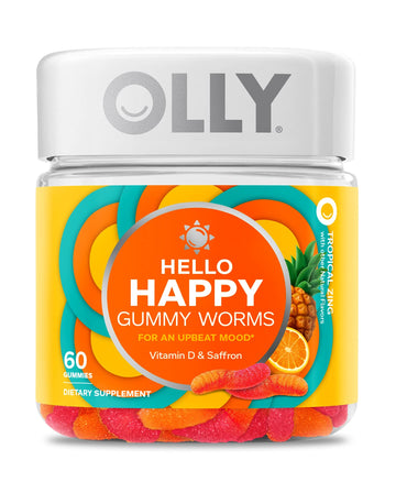 OLLY Hello Happy Gummy Worms, Mood Support Gummies For Adults,* Saffron Extract, Vitamin D, Tropical Zing Flavored, 30 Day Supply - 60 Count