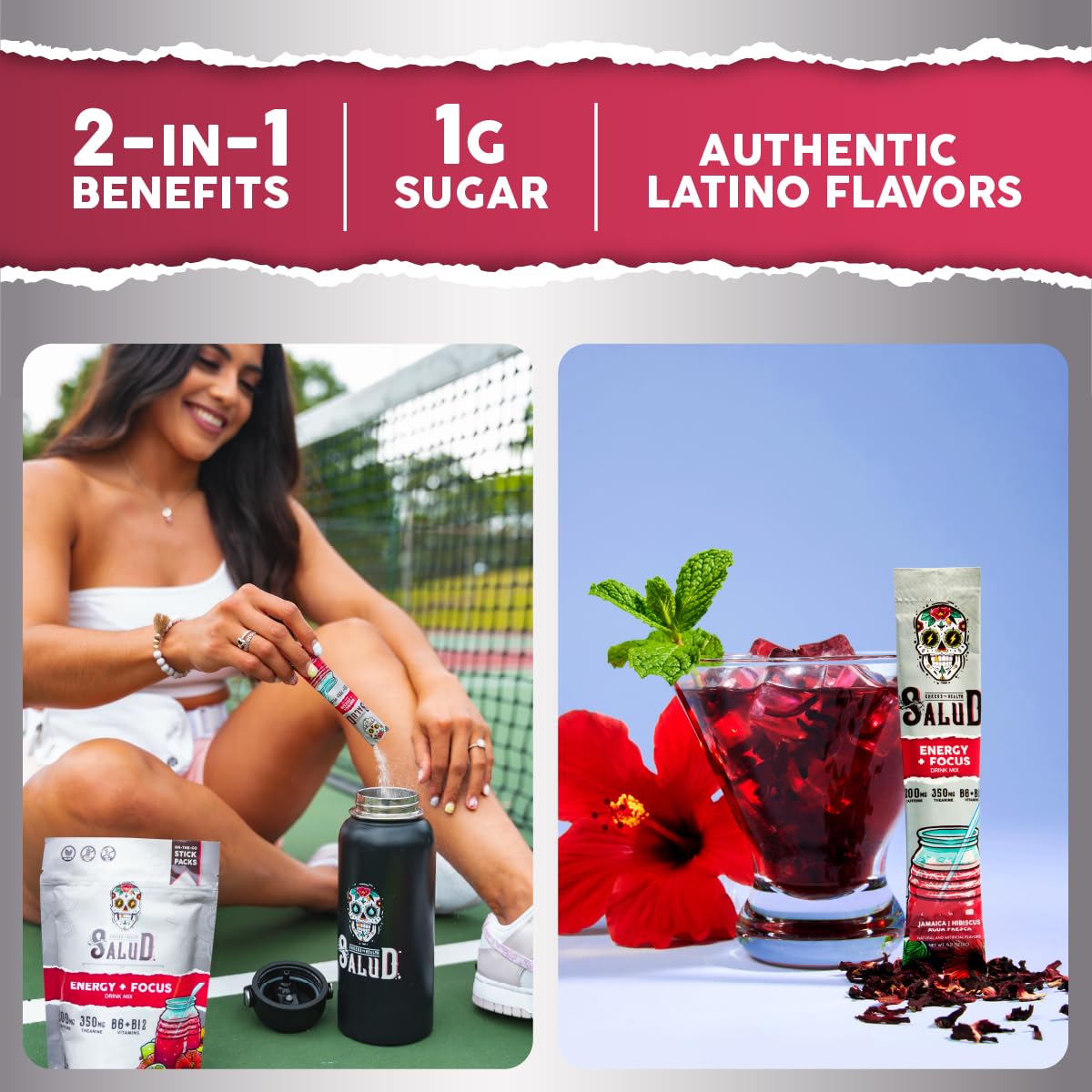 Salud 2-Pack | 2-in-1 Energy + Focus (Strawberry Margarita) & Energy + Focus (Hibiscus) – 15 Servings Each, Agua Fresca Drink Mix, Non-GMO, Gluten Free, Vegan, Low Calorie, 1g of Sugar