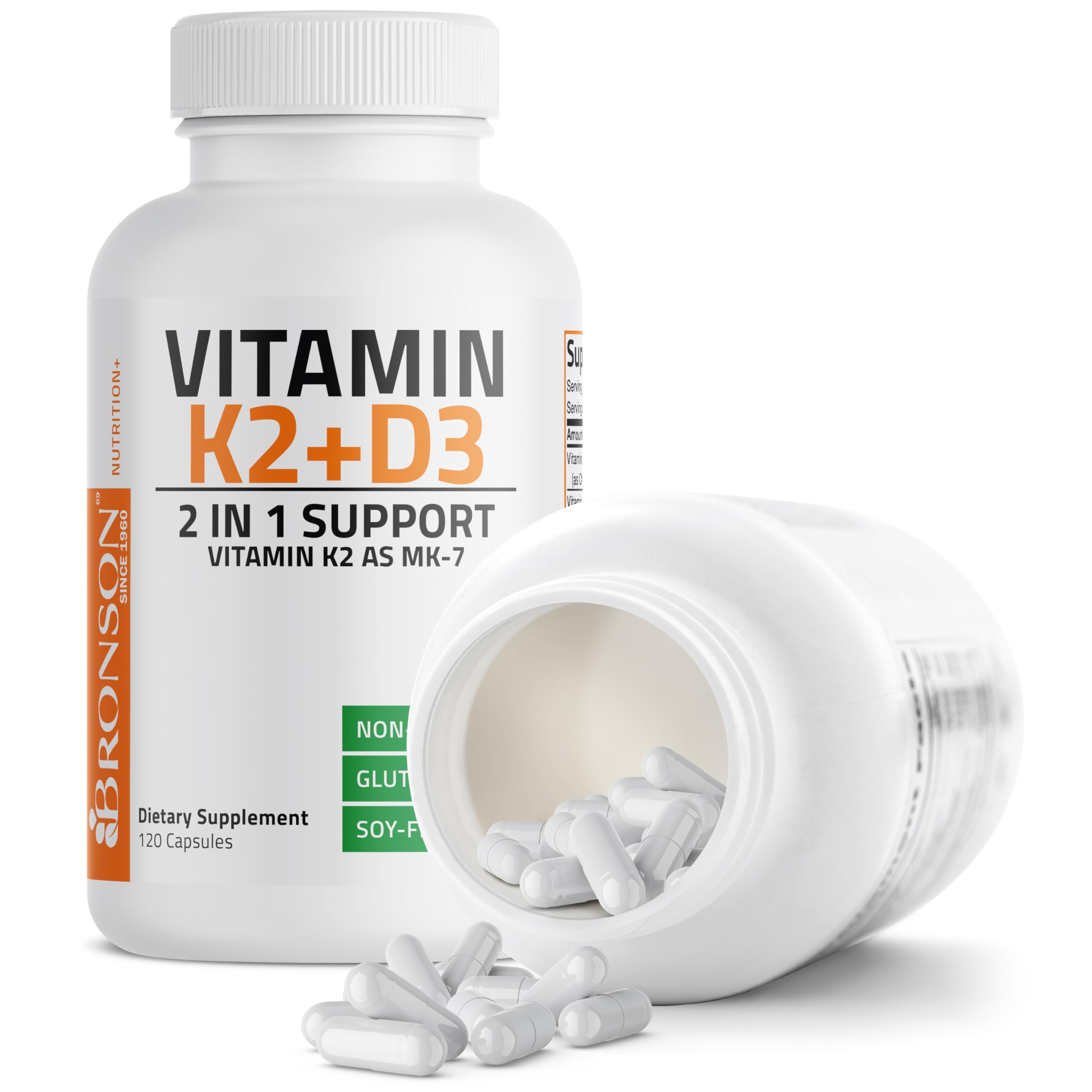 Bronson Vitamin K2 D3 (MK7) Supplement 2-in1 D3 & K2 Complex, 60 Capsules | Bone, Immune & Heart Health Support, Gluten Free, Soy Free, Non-GMO, Vitamin D3 5000IU (125 mcg) & 90 mcg K2 MK-7