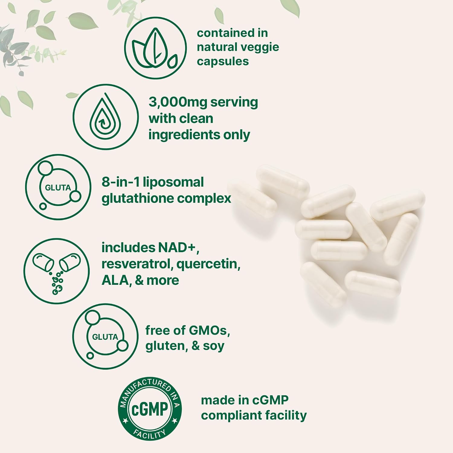 Micro Ingredients Liposomal Reduced Glutathione Complex 3,000mg - 8‑in‑1 Advanced Glutathione Supplement with NAD, Resveratrol, Quercetin, Alpha Lipoic Acid & Vitamin C - 120 Vegetarian Caps