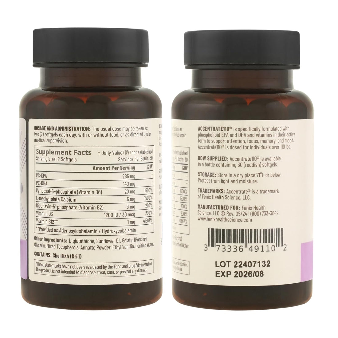 Accentrate110 - Focus Supplement - Methylated Vitamin B Complex with Omega 3 Fatty Acid Supplement - L-Methylfolate, Vitamin B12, P-5-P, Riboflavin, VIT D, – 60 Softgels (1 Month Supply) AccentrateBuy Supplements Australia