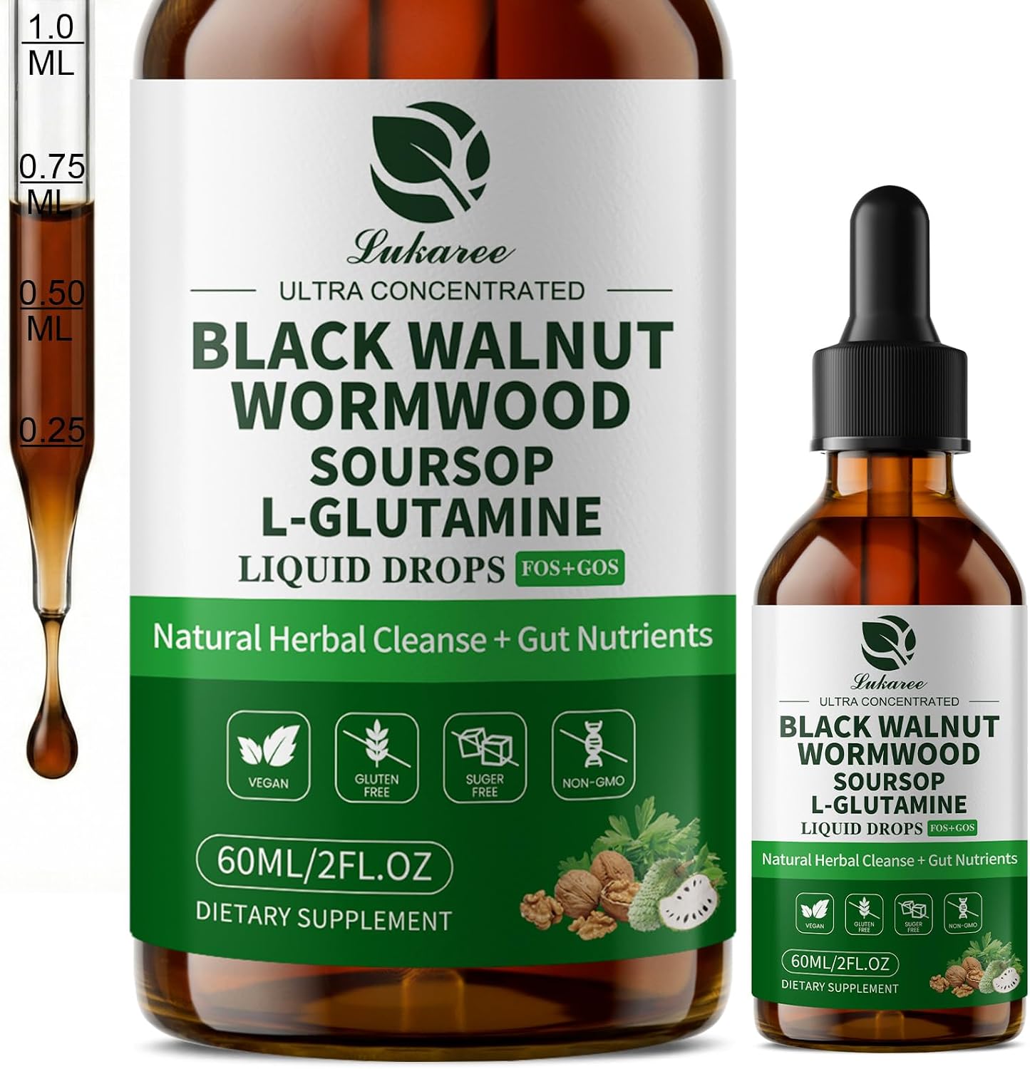 2 Pack Wormwood Black Walnut Drops- Gut Support with L-Glutamine | Gentle Intestinal Cleanse & Digestive Health – with Prebiotics & Zinc for Mood Immune & Energy – Vegan Gluten-Free
