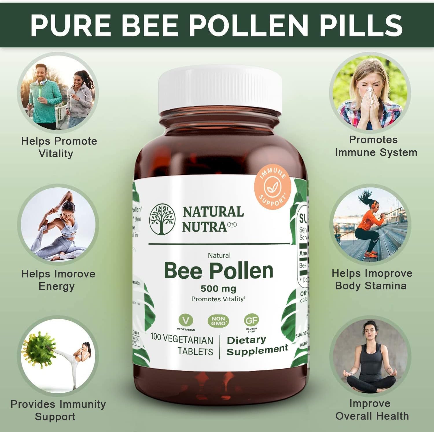 Natural Nutra Bee Pollen 500 mg, Helps Promote Vitality and Immune System, Improve Overall Health, Helps Improve Body Stamina, 100 Tablets
