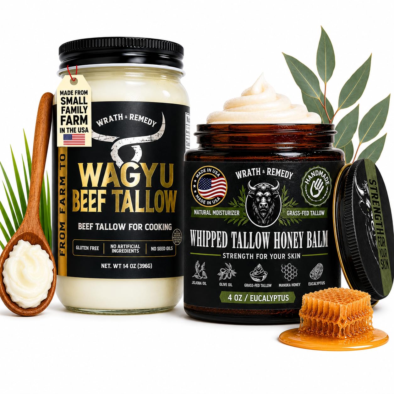 Wrath & Remedy Wagyu Beef Tallow for Cooking (14 oz) & Organic Beef Tallow for Skin - 4 OZ (Eucalyptus)