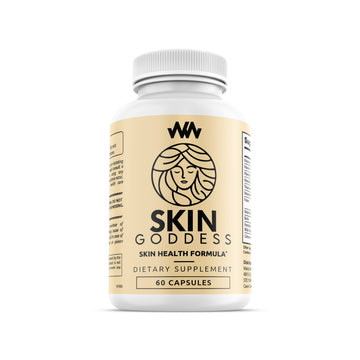 Supplement bottle labeled 'Skin Goddess' on a white background