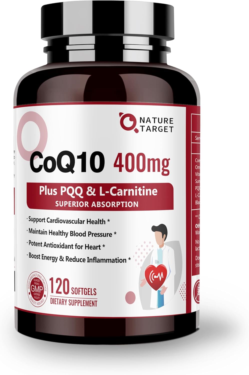 NATURE TARGET CoQ10-400mg with PQQ, Omega-3s & L-Carnitine, 120 Servings | High Absorption Coenzyme Q10 with BioPerine, Supports Heart, Brain, Immune System, Energy Production