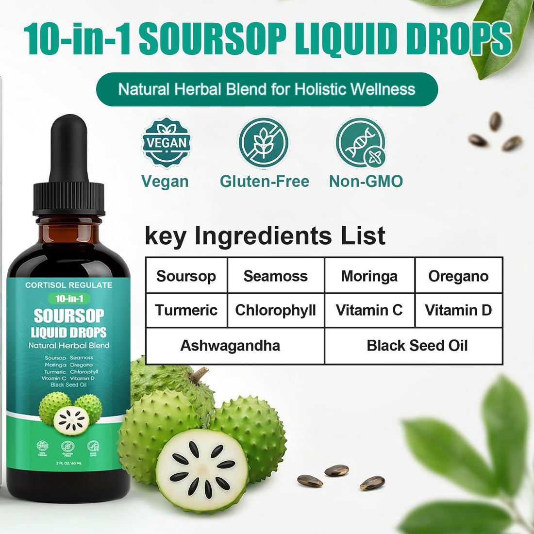 Soursop liquid drops bottle with natural ingredients on a white background