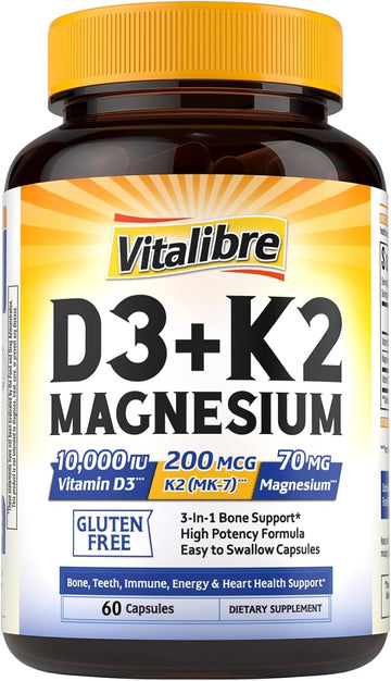 Vitalibre D3 K2 + Magnesium Supplement, 10000 IU Vitamin D3 & 200 mcg K2, with Magnesium Glycinate, Bone, Teeth, Immune & Energy Support, High Absorption, Non-GMO, Easy to Swallow, 60 Capsules