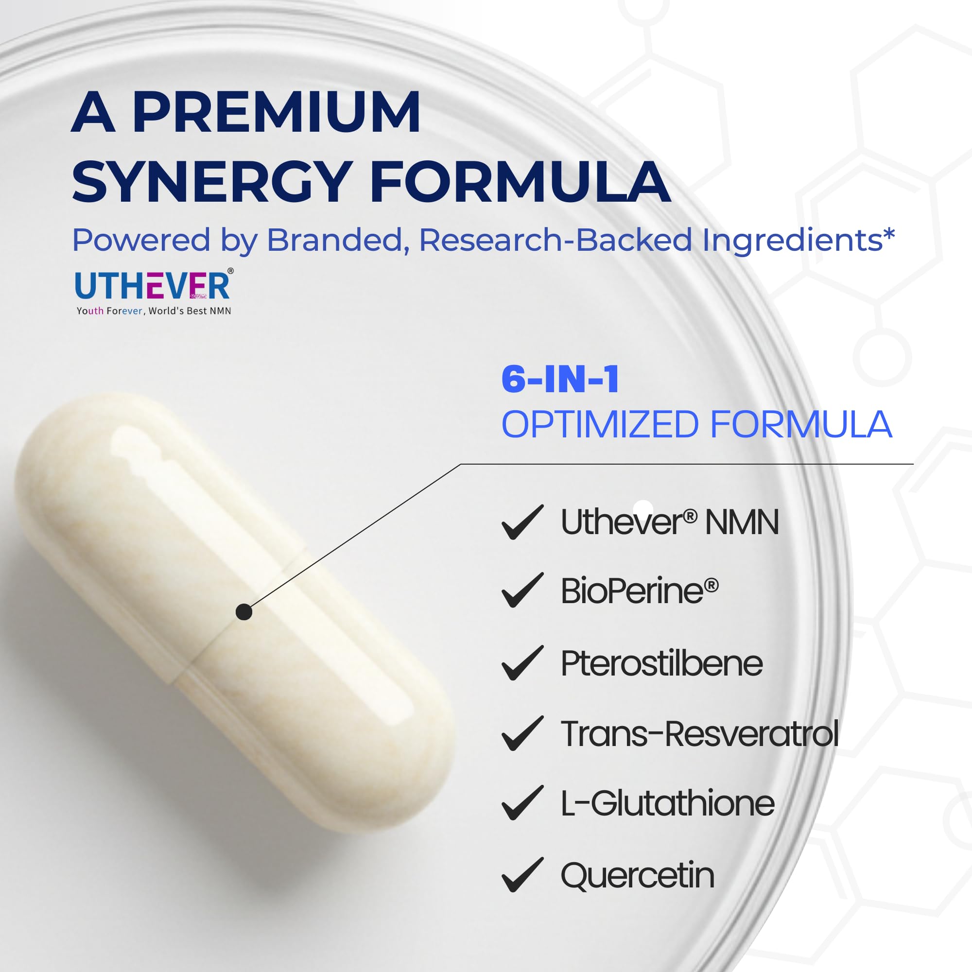 BONE SCIENCE Uthever NMN & Pterostilbene 6-in-1 Complex with Resveratrol, Glutathione & BioPerine - High Purity Stabilized NAD+ Precursor for Healthy Aging & Cellular Energy - 72 Vegetarian Capsules