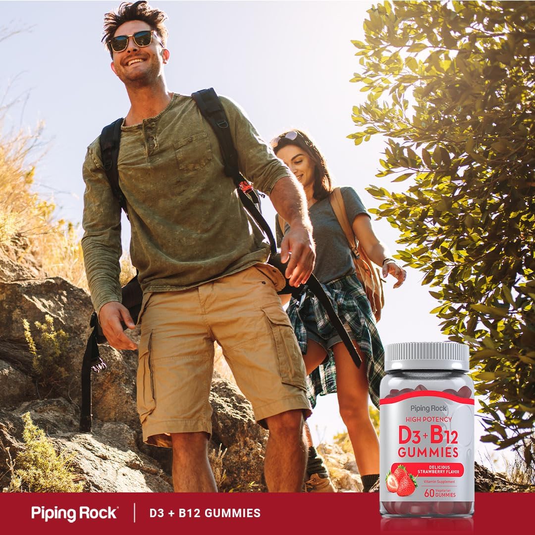 Piping Rock Vitamin D3 and B12 Gummies | 60 Count | Supplement for Women and Men | High Potency | Strawberry Flavor | Vegetarian, Non-GMO, Gluten Free
