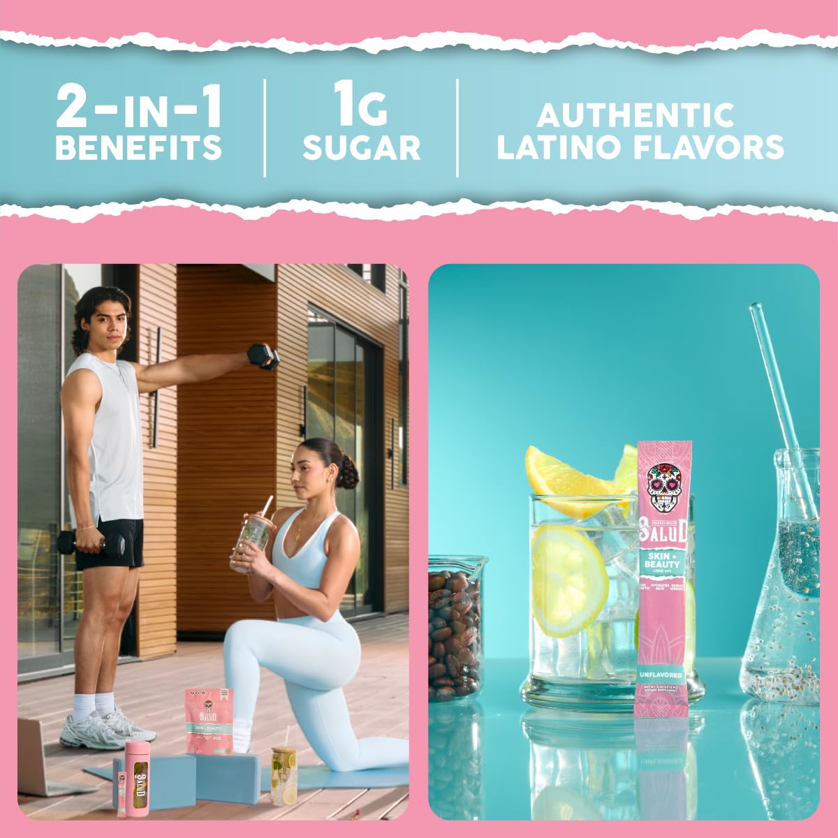 Salud 2-in-1 Skin + Beauty Drink Mix, Strawberry Kiwi | Collagen Peptides with Verisol, Hyaluronic Acid, Vitamin C, Biotin + Lustriva, Hydration Sticks, Gluten Free (15 Servings)
