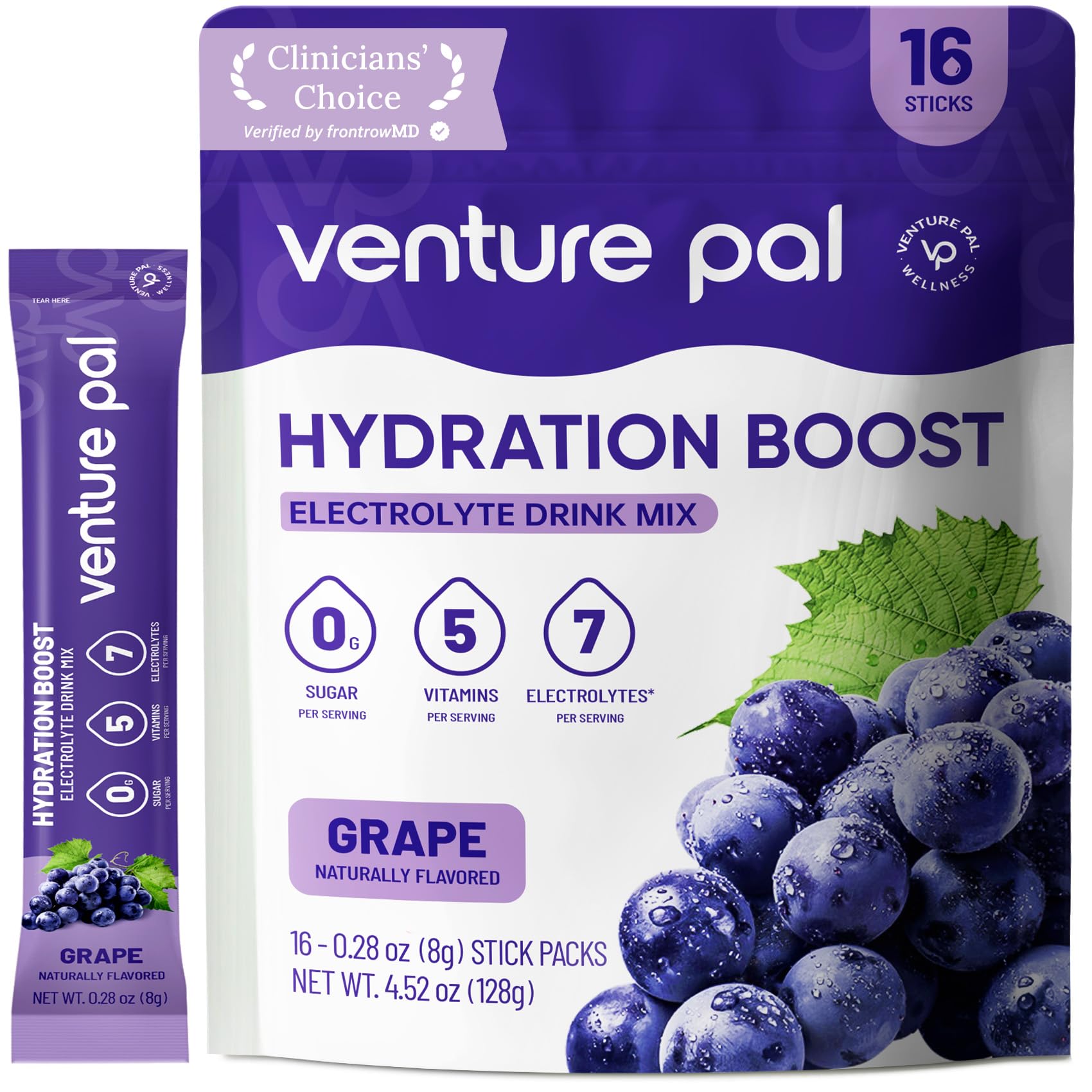 Venture Pal Sugar Free Electrolyte Packet, Liquid Daily IV Hydration Powder | 5 Vitamins & 7 Electrolytes, Instantly Hydration Packets for Sports & Party Recovery, Vegan, Keto Friendly, 16 Sticks