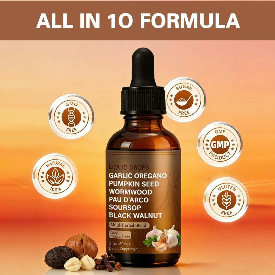 Bottle of liquid supplement with ingredients listed on a white background