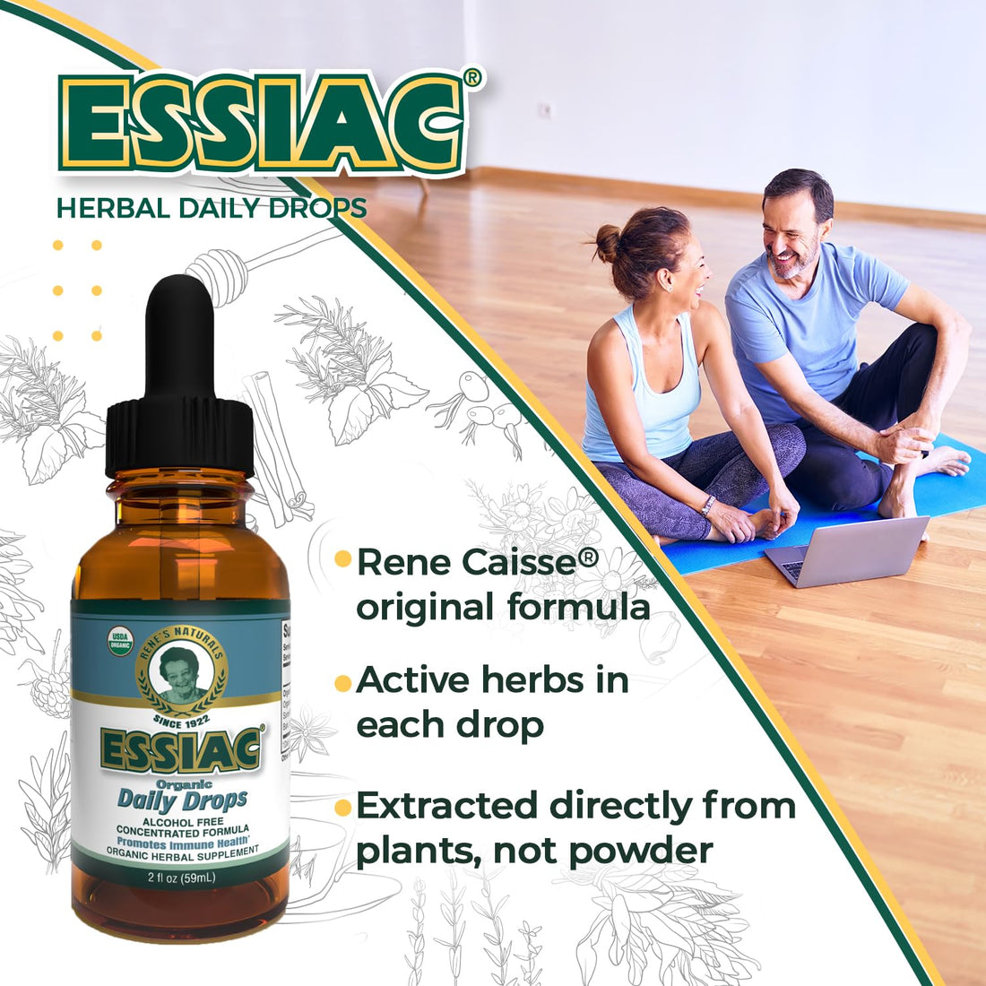 Essiac herbal powder and daily drops bottles on a white background
